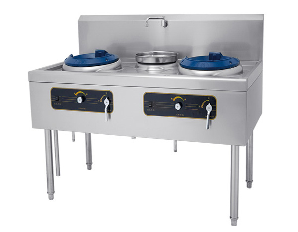 Gas double burner stove for cooking dishes with end support